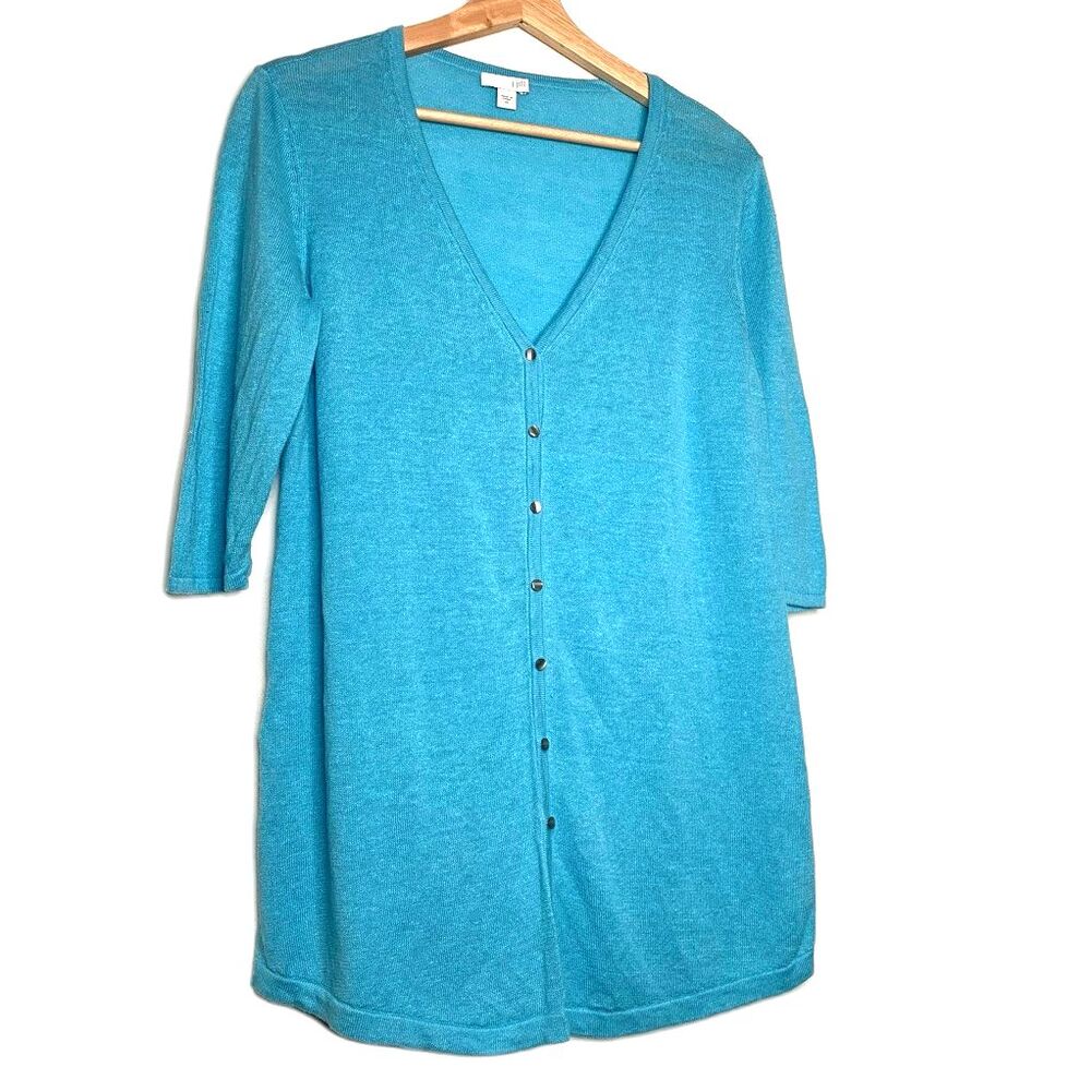 J. Jill Womens Linen Blend Cardigan Sweater Blue 3/4 Sleeve V Neck Tight Knit XS